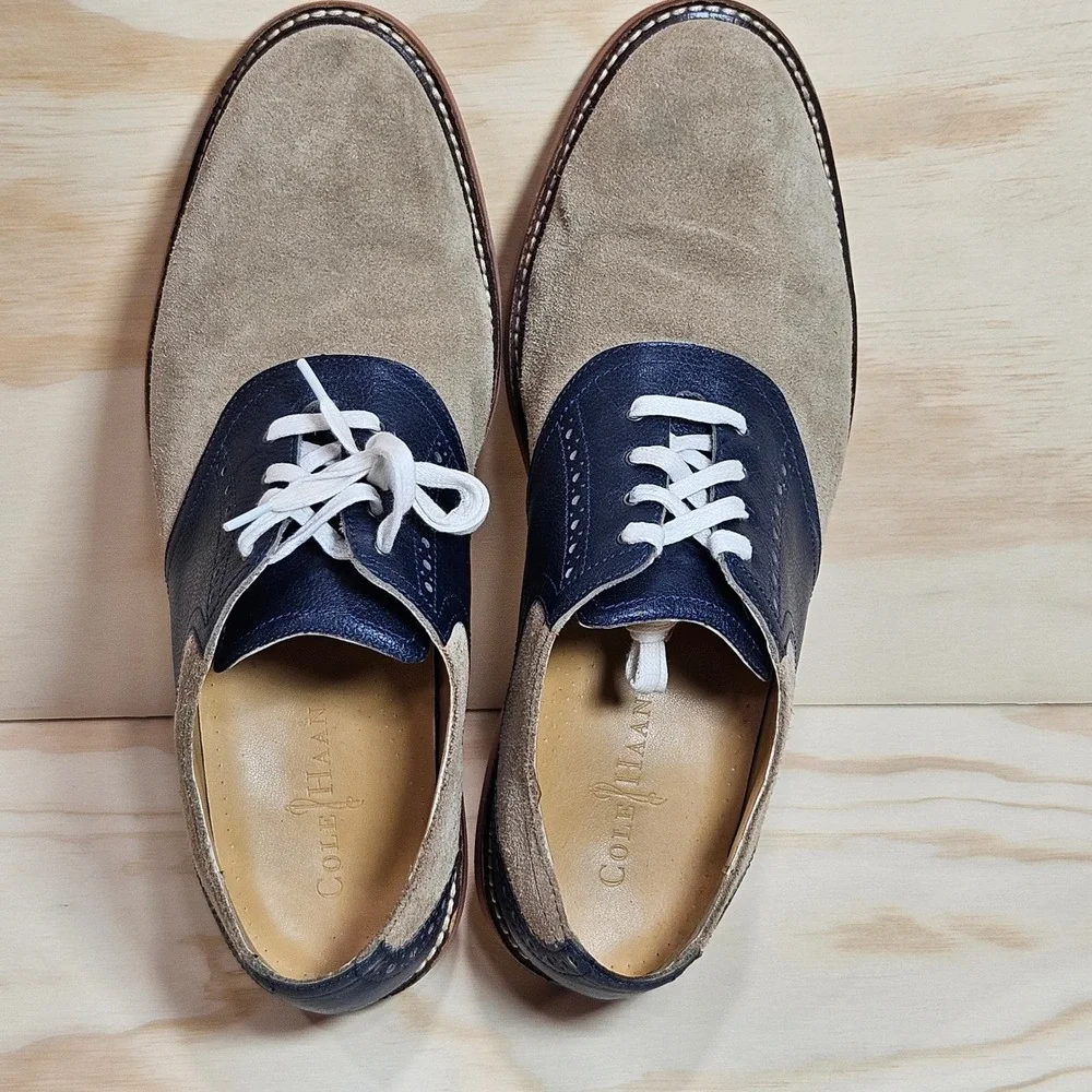 Cole Haan Mens C12280 Tan Suede Navy Leather Saddle Oxford Shoes Size 10.5 M